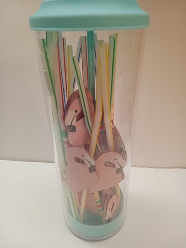 VTG Plastic "Aqua" Straw Holder Plus 20 Flamingo Straws - Picture 2 of 4