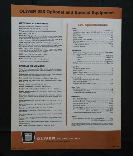 1964 "THE OLIVER 525 SELF-PROPELLED COMBINE TILT-O-SCOPE" BROCHURE VERY NICE - Picture 7 of 7