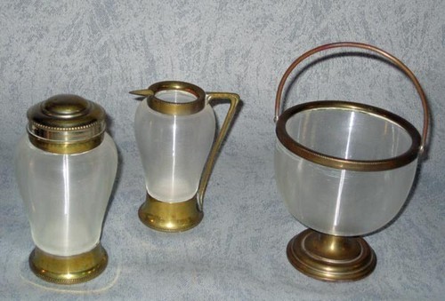 Vintage Art Deco Ribbed Glass and Brass Cream & Sugar Dresser Dishes Set of 3 - Picture 7 of 9