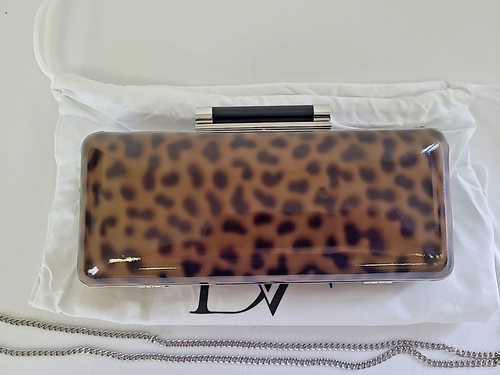 DIANE VON FURSTENBERG Patent Leopard Animal Print Tonda Clutch Silver Chain BNWT - Picture 6 of 13