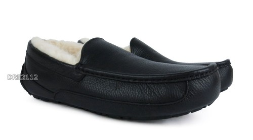 UGG Ascot Black Leather Fur Slippers Mens Size 8 -NIB- - Picture 2 of 4