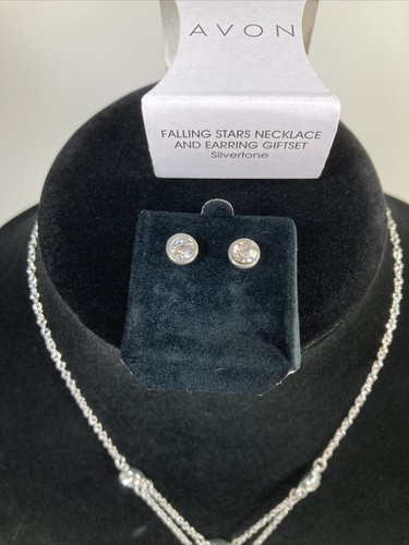 Avon Falling Stars Necklace And Earring Set Silver Tone With Sparkly Rhinestones - Picture 2 of 7
