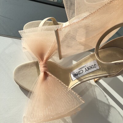 JIMMY CHOO Aveline 100 Asymmetric Grosgrain Mesh Bow Nude
