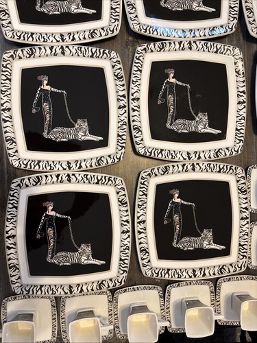 Italienische Keramik ICC Wildkatzen Art Deco "Weißer Tiger" quadratische Teller Set 36 Teile - Bild 3 von 15