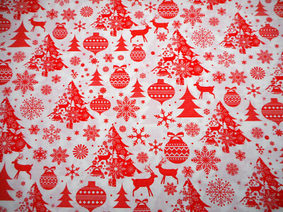 Cotton Fabric By Yard Red Christmas Trees Deer Ornaments Snowflakes White #22 #C