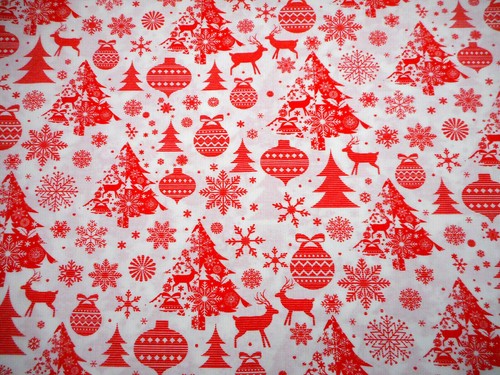 Cotton Fabric By Yard Red Christmas Trees Deer Ornaments Snowflakes White #22 #C