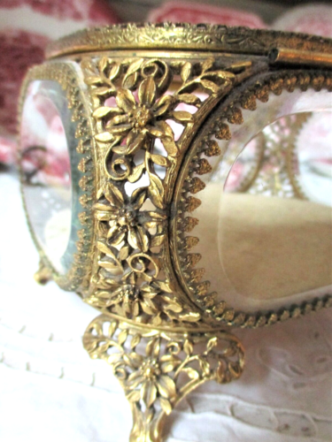 Antique Ormolu Beveled Glass JEWELRY Trinket BOX Ornate Floral Design Vintage - Picture 5 of 7