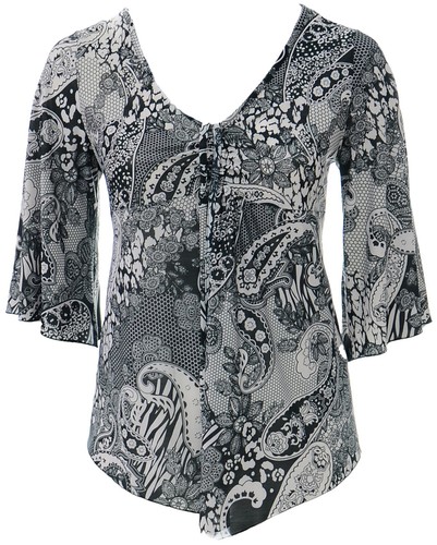 Damen Gothic ausgestellte Ärmel Stretch schwarz weiß fließend Top geraffte Bänder VNeck - Bild 2 von 4