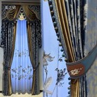 Custom European velvet blue cloth blackout curtain tulle valance drape C2063