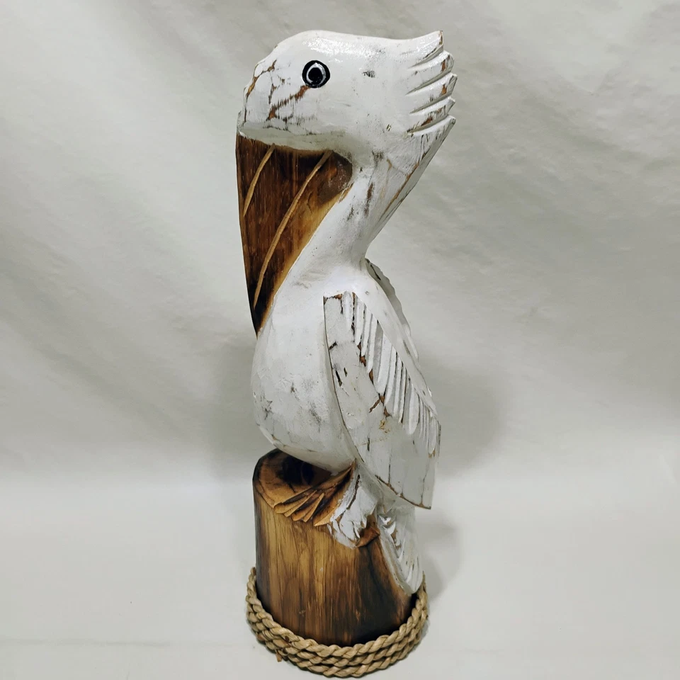 雕刻木制鹈鹕桩 14 英寸高风化航海装饰  — 第 2/4 张图片