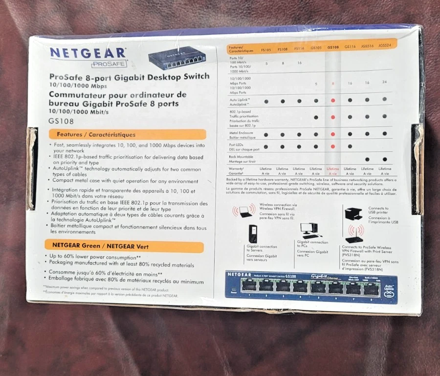 NETGEAR Prosafe 8 Port Gigabit Switch GS108 10/100/1000 Mbps NIB - Image 2 of 4