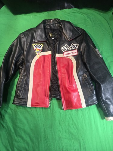 Men Black & Red Leather Racing Jacket Size XL
