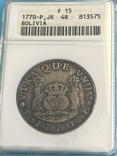 Bolivia Carlo III 4 reales 'Pilastri' 1770 P JR ANACS F15 vecchio supporto