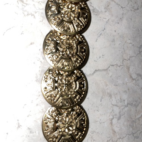 Vintage Womens Jones New York Large coins Gold Belt Stretch Metal Belt Embossed - Bild 3 von 6