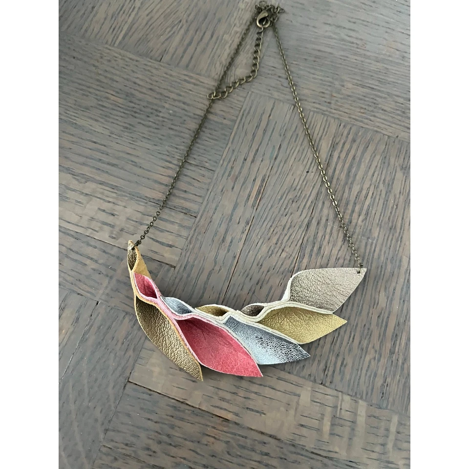 Artisan Handmade Multi Color Pastel Leather Petal Necklace - Image 2 of 4