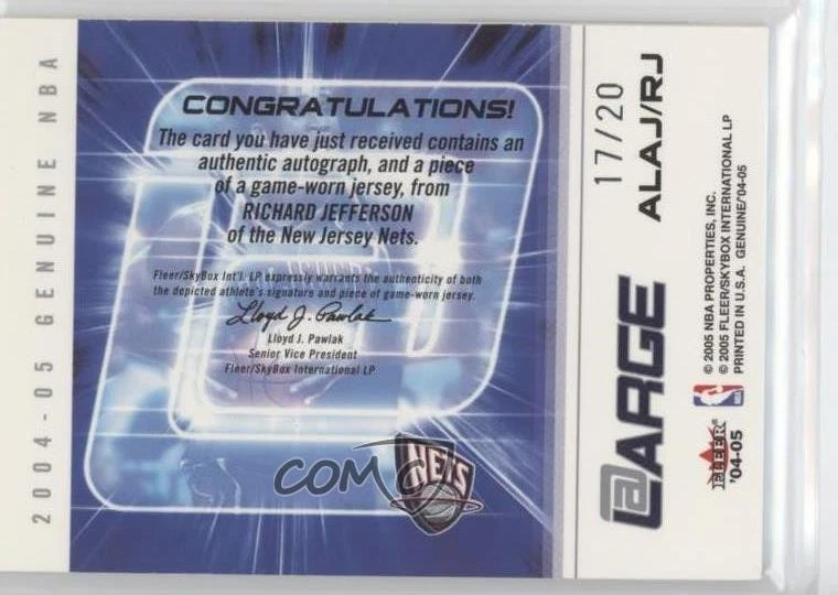 2004-05 Fleer подлинный на большой /20 Ричард Джефферсон #ALAJ/RJ нашивка с автографом - Изображение 2 из 2