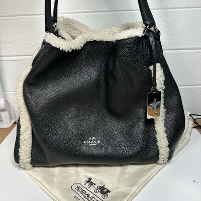 Coach Edie 31 Shearling Trim Pebbled Leather Shoulder Bag Black G2U