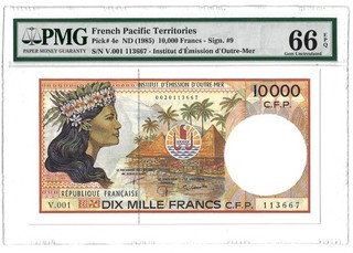 66 EPQ PMG 10 000 Francs ND(1985) French Pacific Territories Banknote # 4e