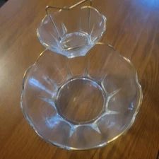 Vintage Anchor Hocking 3 pc. Swedish Modern Clear &  Gold Chip and Dip Set