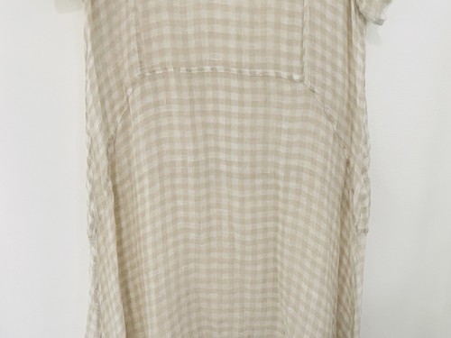 FLAX Lagenlook Hi-Low Linen Maxi Dress V-Neck Short Sleeve Beige White Check 1G - Picture 3 of 11