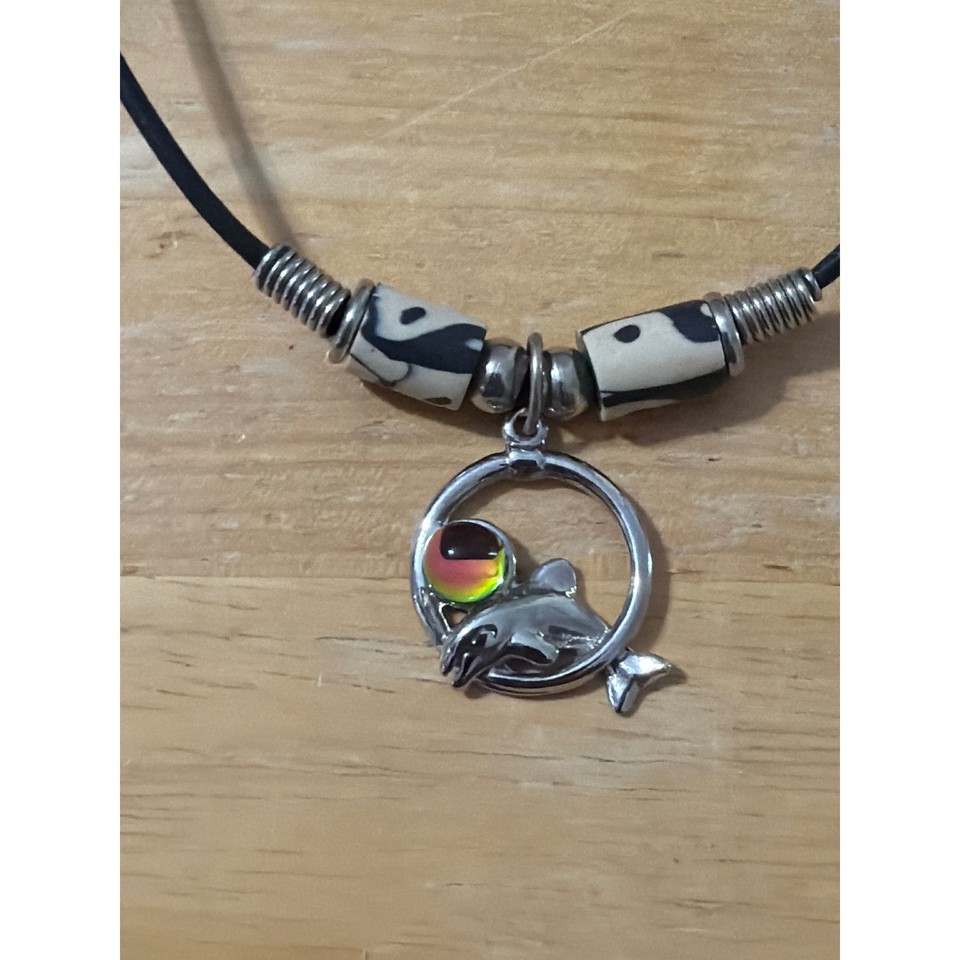 Dolphin Mood Necklace with Beads Black Cord Chocker Boho Festival Gift ...