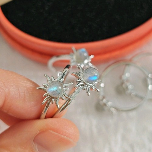 +Natur+ Grau Mondstein regenbogen Labradorit Ringe Edelstein Damen Sonne Ring - Bild 2 von 5