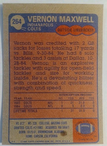 1985 TOPPS #264 INDIANAPOLIS COLTS VERNON MAXWELL [2] NM/MT 06193 - Picture 5 of 5