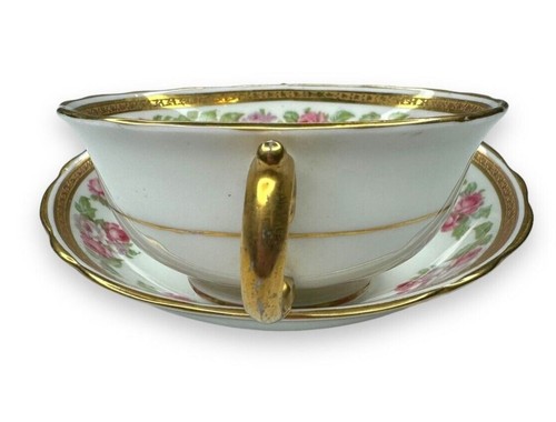 Juego de tazas y platillos Tiffany & Co Adderley Bouillon rosas rosadas adorno dorado Inglaterra - Imagen 2 de 12