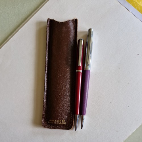 2 x Vintage Propelling Pencils with built in erasers & leather pen holder