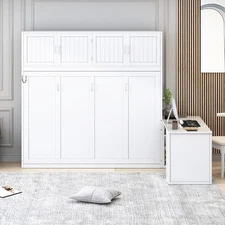 Queen Size Wall Murphy Bed with Desk and Storage Shelves and Big Cabinets, White