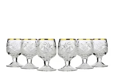 Set of 6 Neman Glassworks, 1.5-Oz Gold Rim Vintage Russian Crystal Shot Glasses