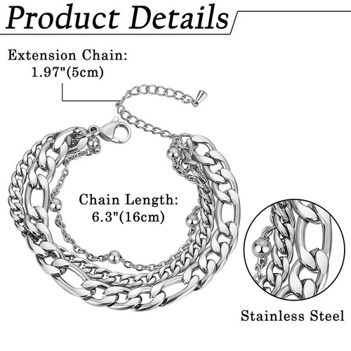 Men Women Cuban Figaro Layer Chain Stainless Steel Bracelet Adjustable 6.3"-8.3" - Picture 4 of 19