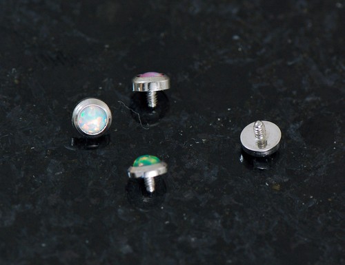 4 Pc Steel 14g 4MM Blue, White, Green Pink Natural Fire Opal Stone Dermal Anchor - Picture 3 of 4