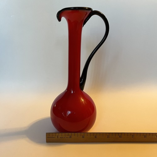 Tango Art Glass Cased Pitcher Vase Red w/Black Applied Handle Rim White Interior - Picture 15 of 15
