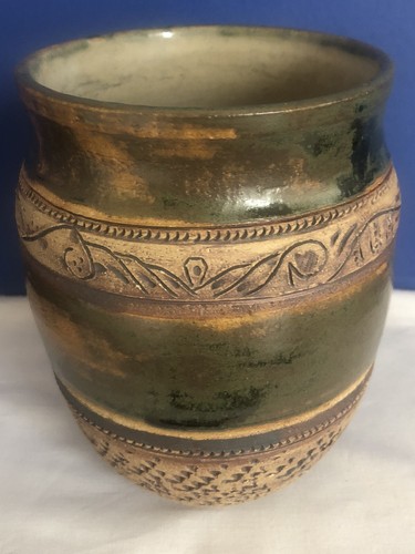 Pottery Vtg. Vase Hand Thrown Studio Multi Color Incised - Picture 7 of 9
