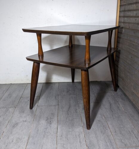 Vintage Retro Mid Century Modern 2-Tier Walnut Wood Formica End Table C64 - Picture 2 of 16