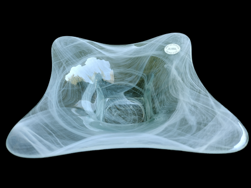 Pedestal Bowl: Videos San Miguel Handmade Clear/Blue/White Recycled Art Glass.