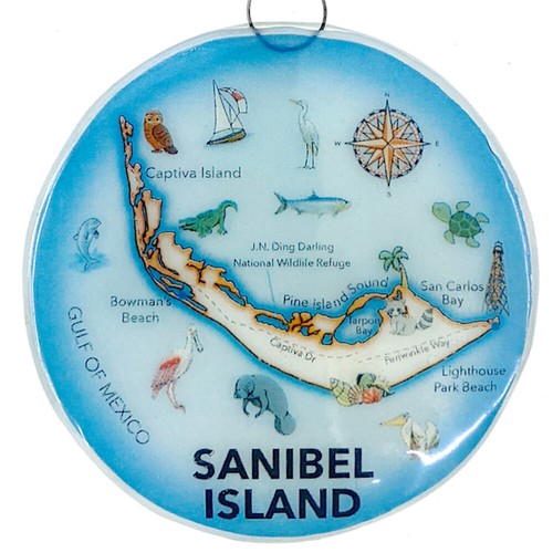 Sanibel Island Christmas Tree Ornament - Art Glass Light Catcher Map Hang Decor - Picture 1 of 5