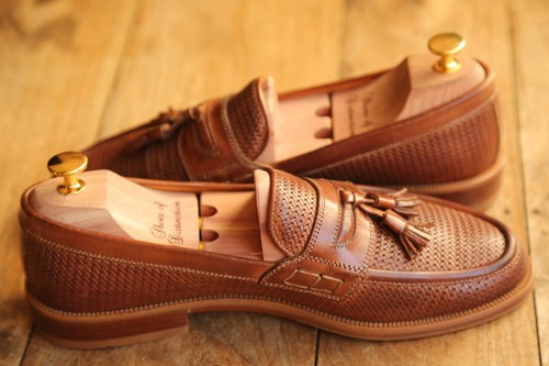 Russell & Bromley Brown Woven Leather Tasselled Shoes Loafers Mens UK 9.5 NEW - Picture 3 of 12