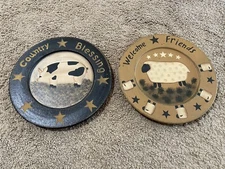 Farmhouse Primitive Rustic Wood Plates Lot Hand-painted Pig Sheep Country Decor