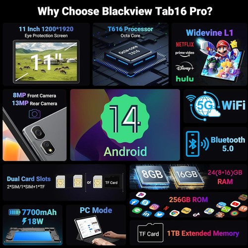 Blackview Tab 16 Pro Android Tablet 11 Inch 24GB+256GB Widevine L1 W/ Keyboard - Picture 5 of 16
