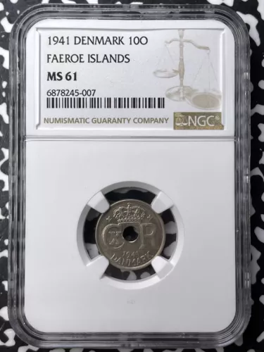 1941 Denmark Faeroe Islands 10 Ore NGC MS61 Lot#G7194 Scarce! Nice UNC!