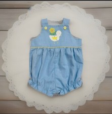 Vintage LYNLEY DESIGNS Baby Girl Romper Sz M 12 M Sleeveless Blue Chick Flower