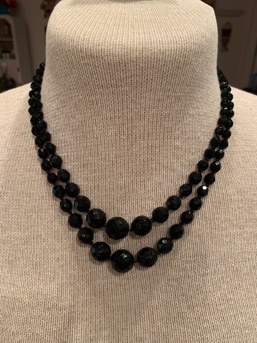 Vintage Schmuck Österreich 2 Strang abgestuft Glas schwarze Perlen Halskette 18 Zoll - Bild 1 von 6