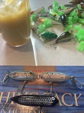 LOT OF 3 VINTAGE HEDDON TOPWATER SURFACE PLUGS. RAINBOW & BLACK SHORE COLOR PTRN