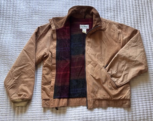 Vintage LL Bean Canvas Workwear Jacket Brown Wool Lined Men's Medium Full Zip