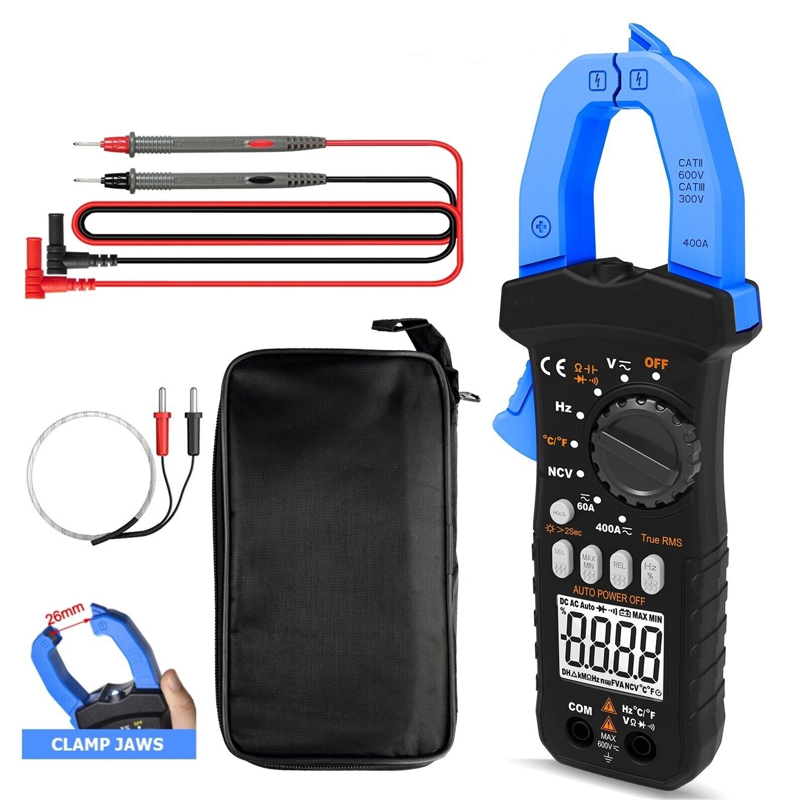 Digital Clamp Meter TRMS AutoRange AC DC Volt Current Amp Temp Clamp Multimeter