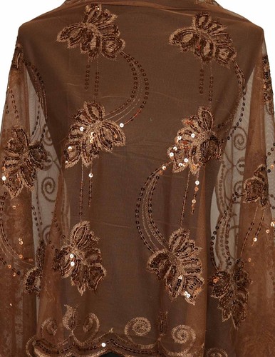 Handmade Lace FLORAL Pattern Scarf Shawl Wrap w/ Sequin & Crochet Fringe, Brown - Picture 7 of 7
