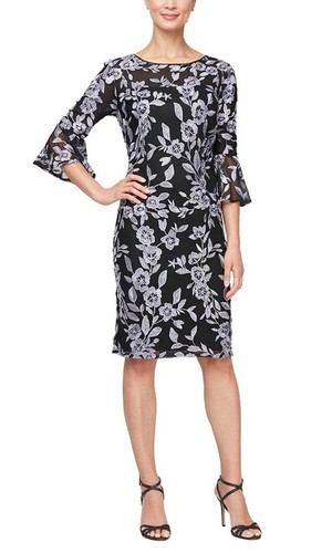 Alex Evenings Women's Bell Sleeve Embroidered Short Dress Black Lavender Size 14