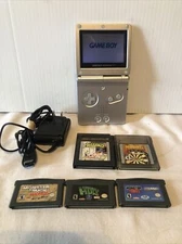 Nintendo Game Boy Advance SP AGS-001 Handheld Silver System  W/Charger & 5 Games
